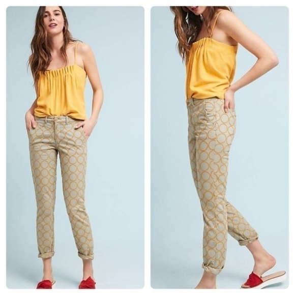 CHINO By Anthropologie Relaxed Circle Embroidered Khakis Pants Tan Yellow 26 - Picture 1 of 5